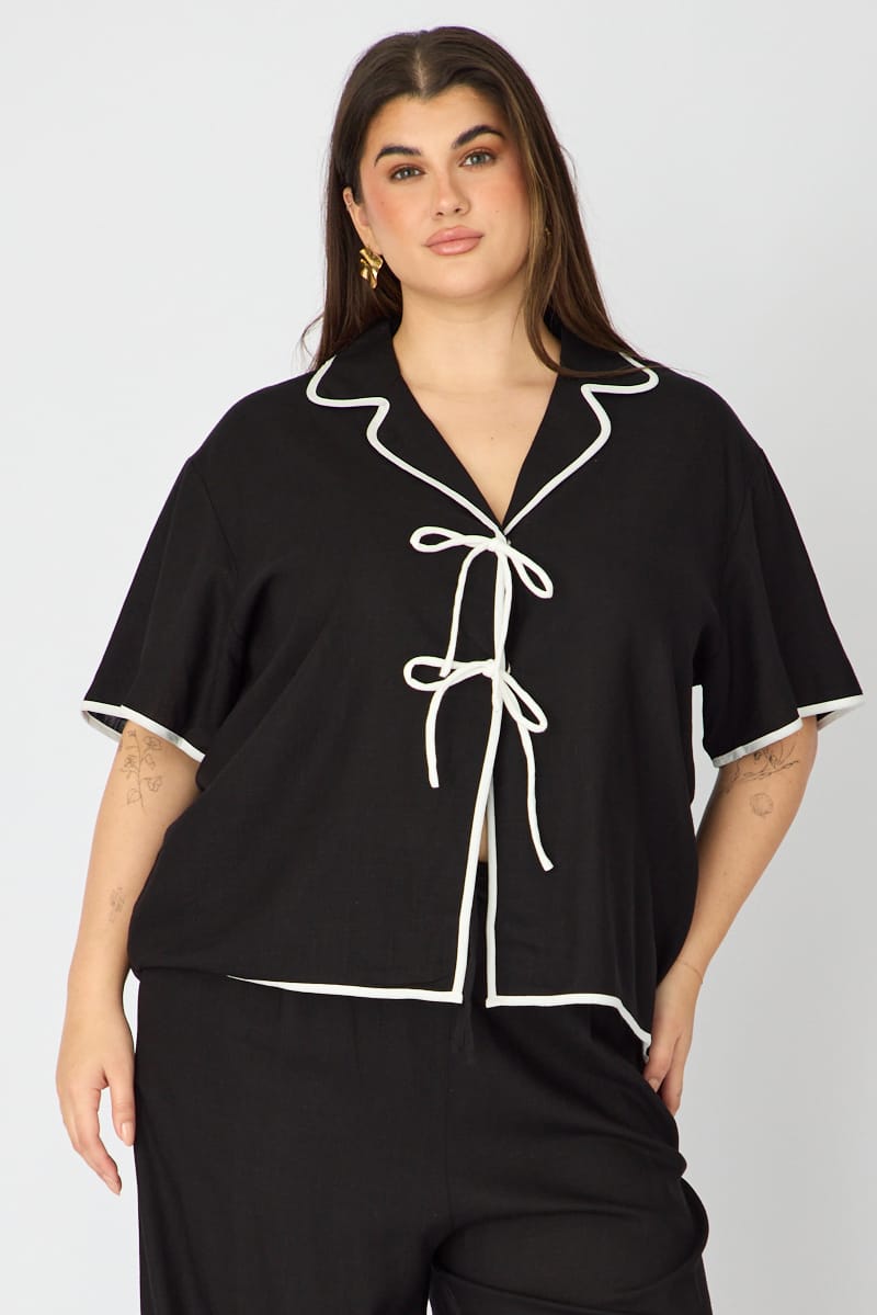 Black Collar Top Short Sleeve Tie Up for YouandAll Fashion