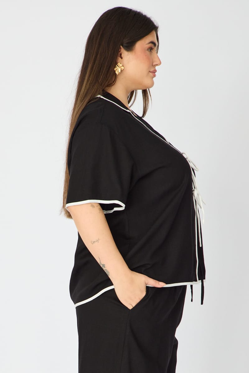 Black Collar Top Short Sleeve Tie Up for YouandAll Fashion