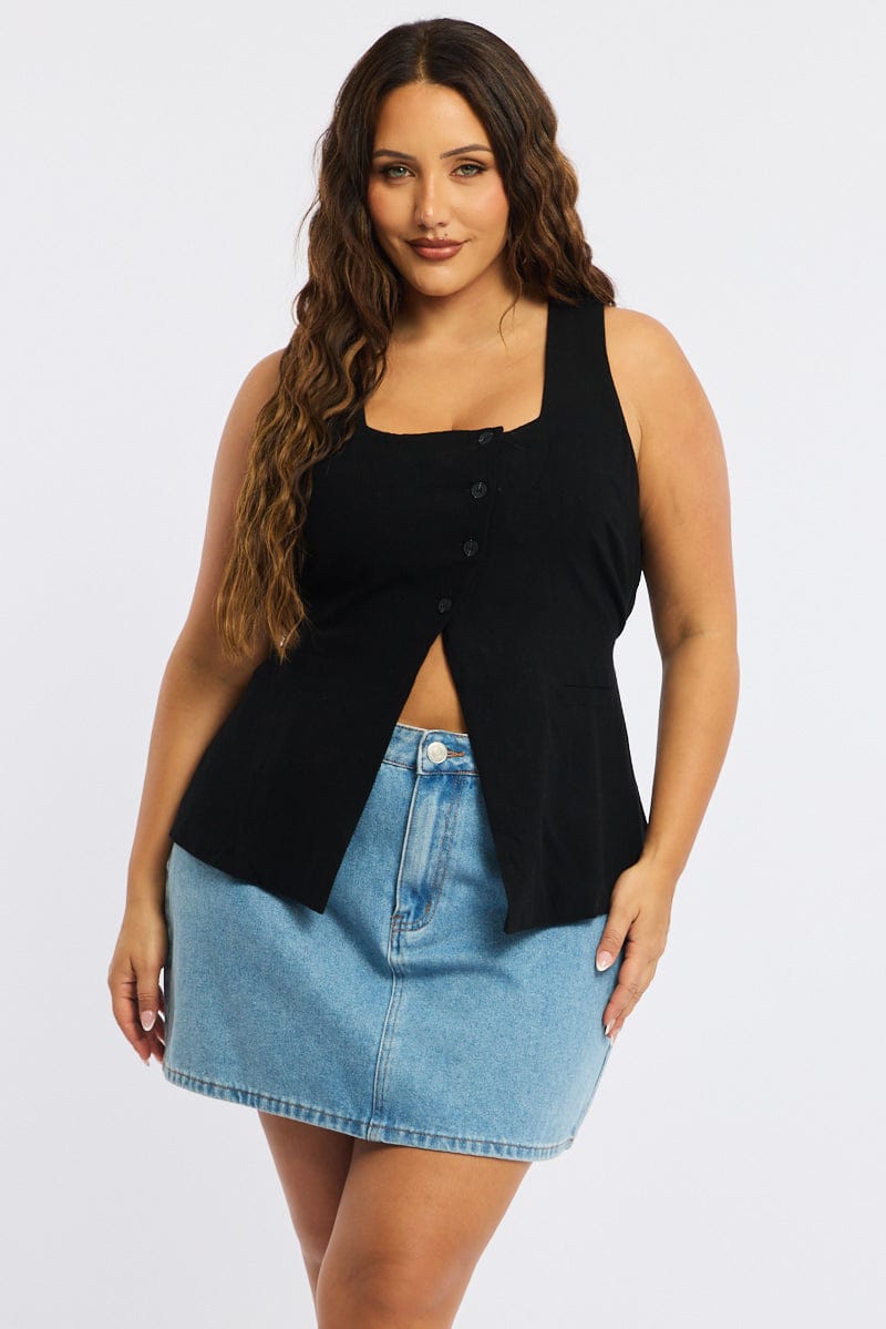 Black Waistcoat Linen Square Neck for YouandAll Fashion