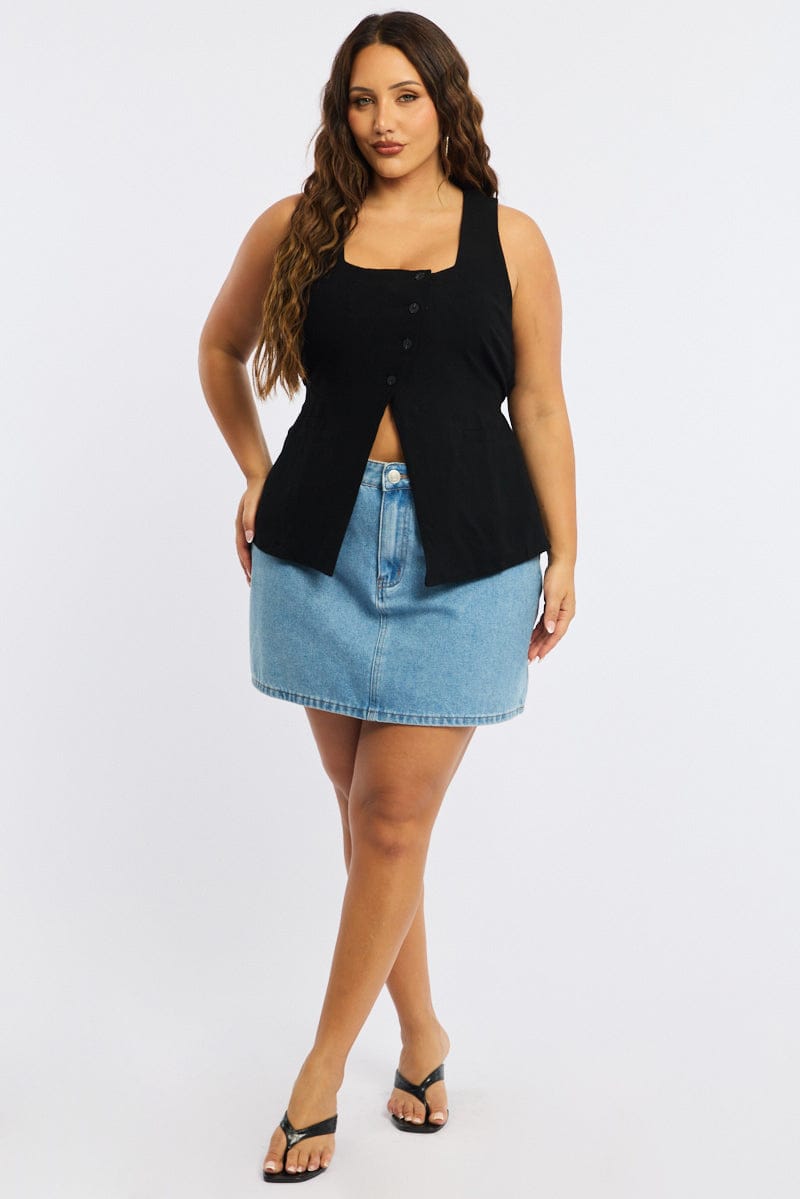 Black Waistcoat Linen Square Neck for YouandAll Fashion