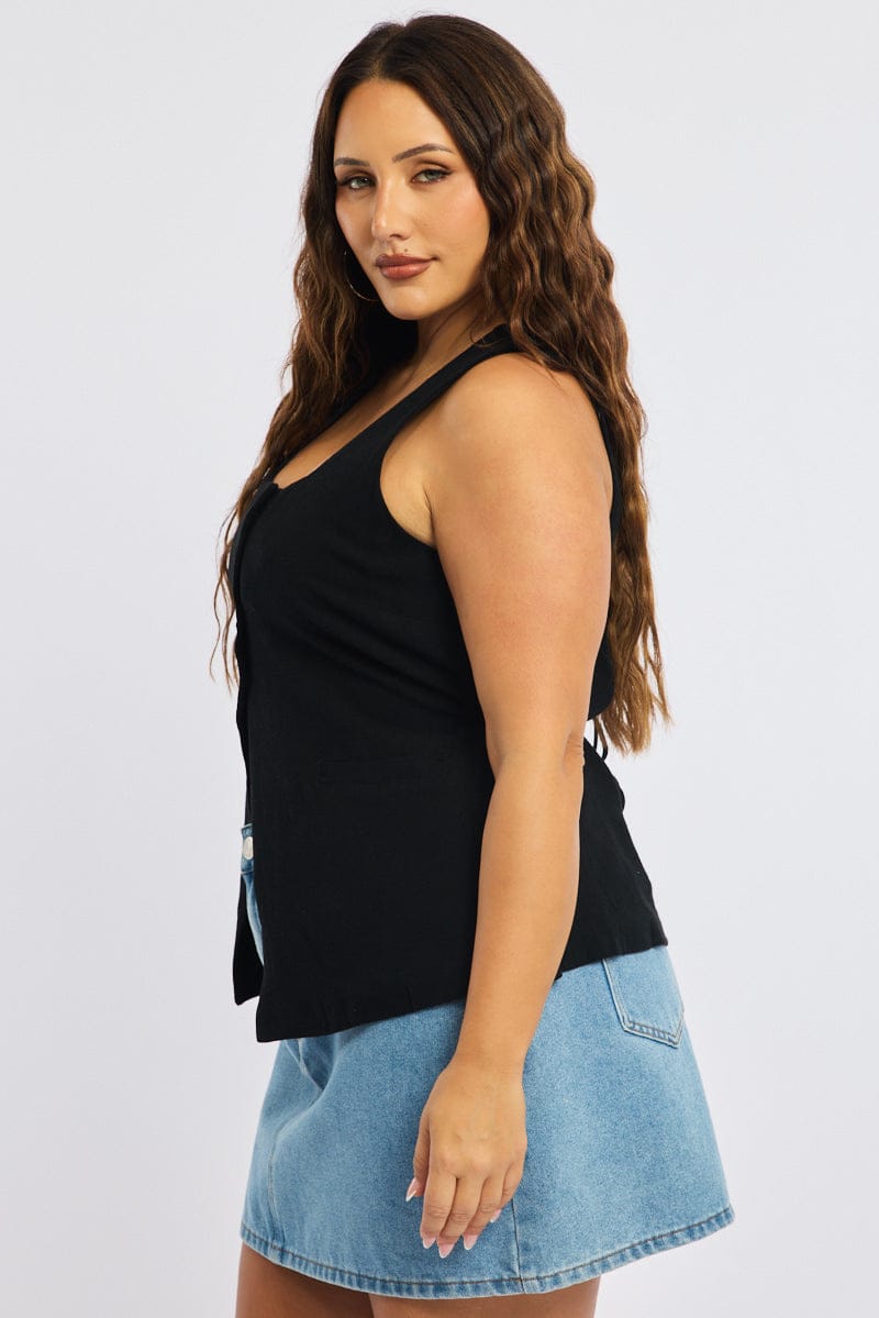 Black Waistcoat Linen Square Neck for YouandAll Fashion