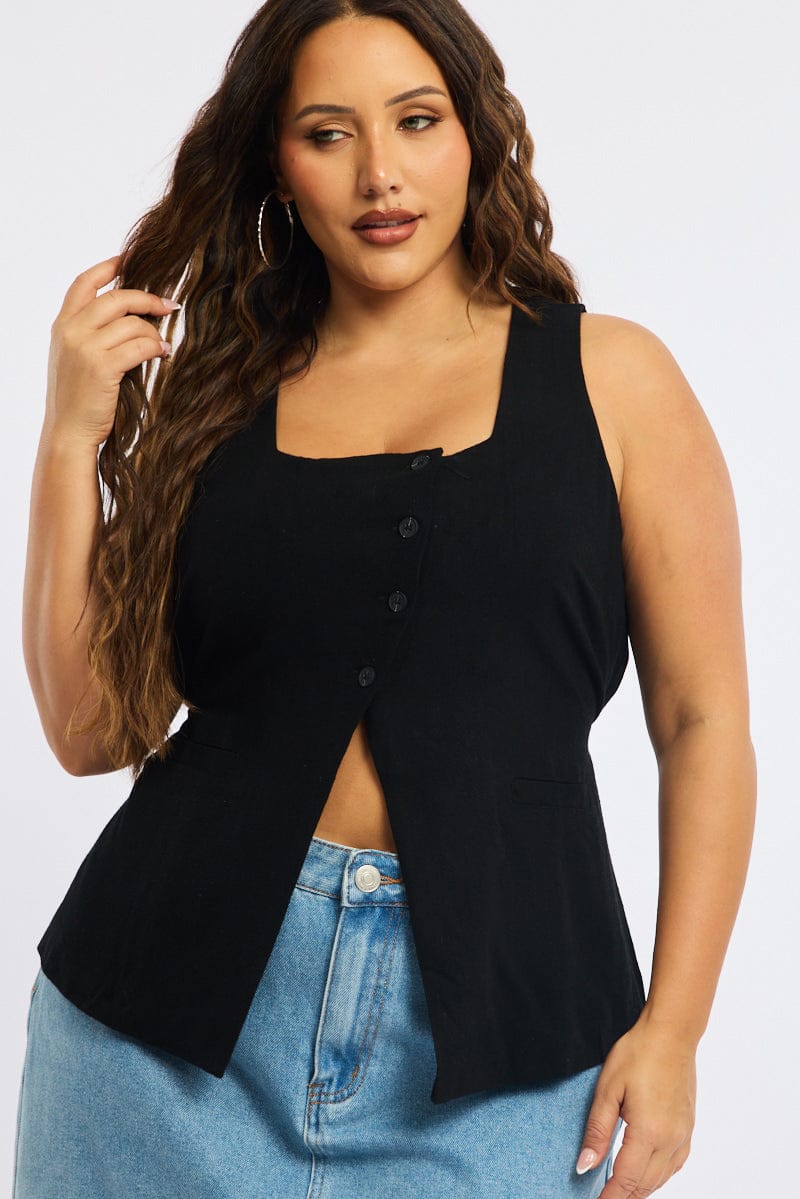 Black Waistcoat Linen Square Neck for YouandAll Fashion