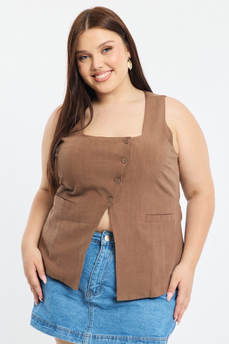 Brown Waistcoat Linen Square Neck for YouandAll Fashion