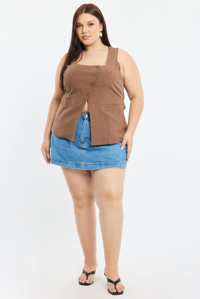 Brown Waistcoat Linen Square Neck for YouandAll Fashion