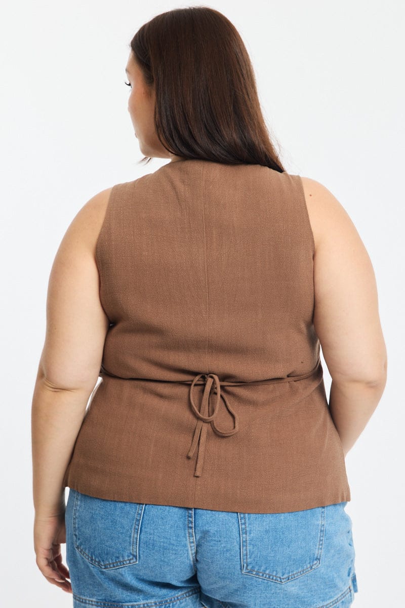 Brown Waistcoat Linen Square Neck for YouandAll Fashion