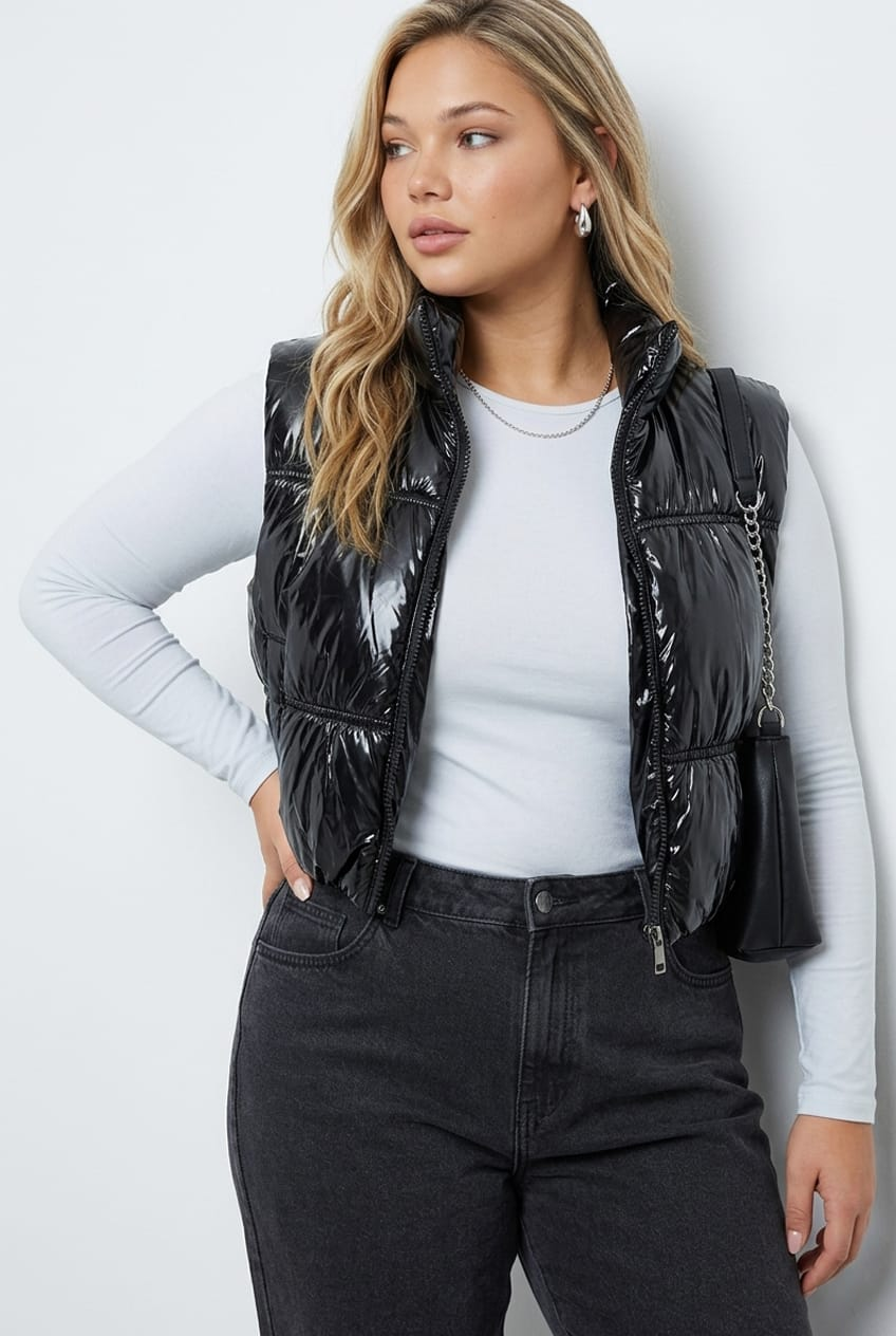 Black Puffer Vest Sleeveless Shiny Crop for YouandAll Fashion