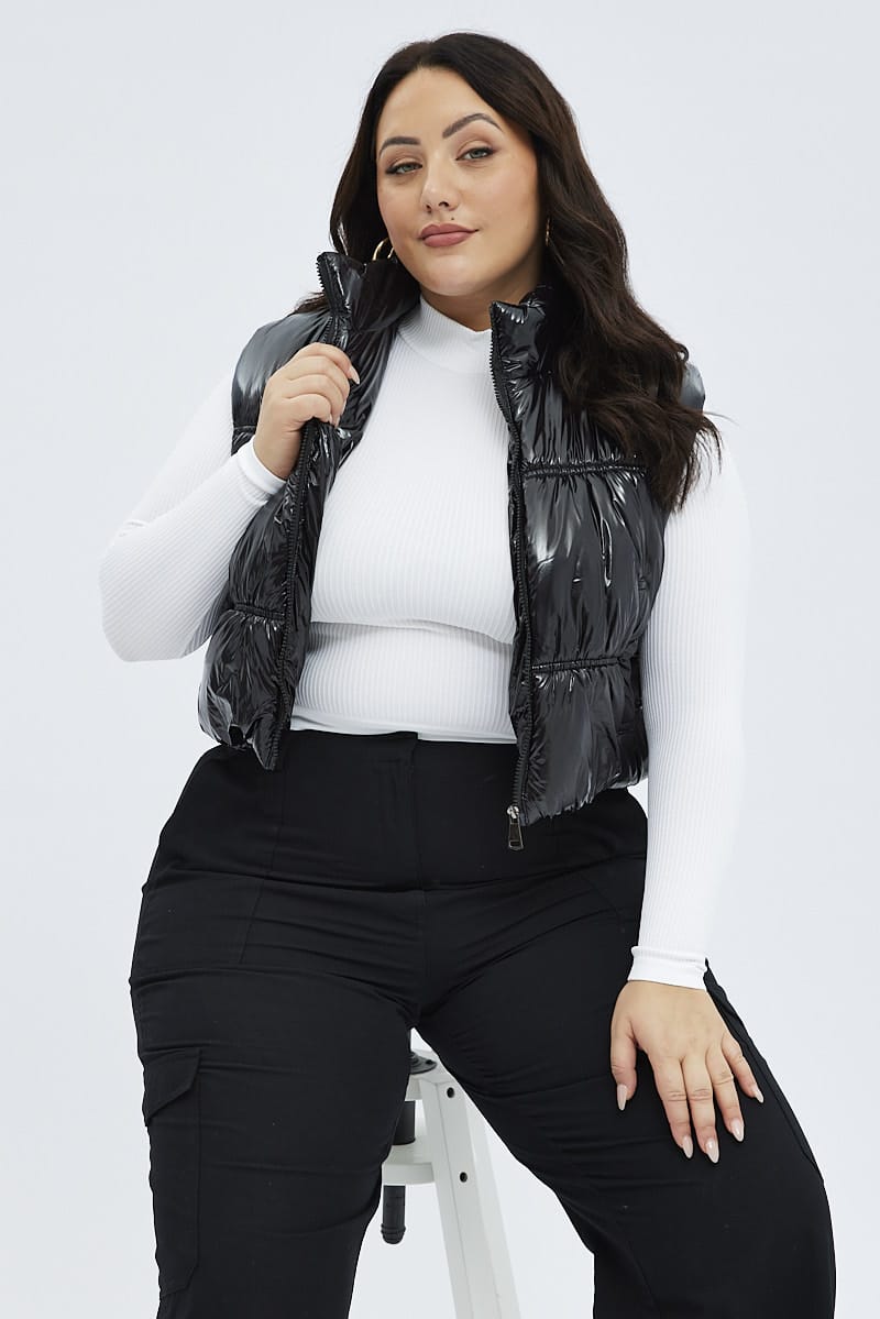 Black Puffer Vest Sleeveless Shiny Crop for YouandAll Fashion