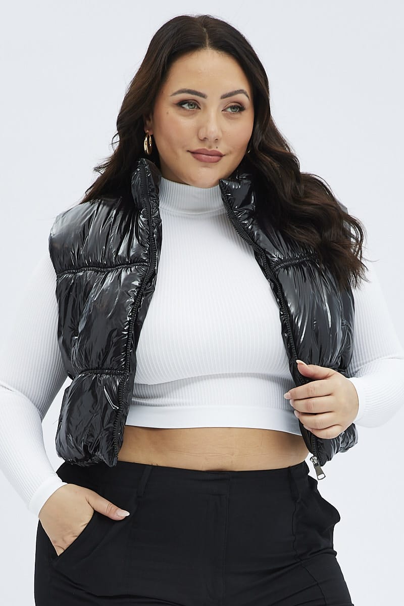 Black Puffer Vest Sleeveless Shiny Crop for YouandAll Fashion
