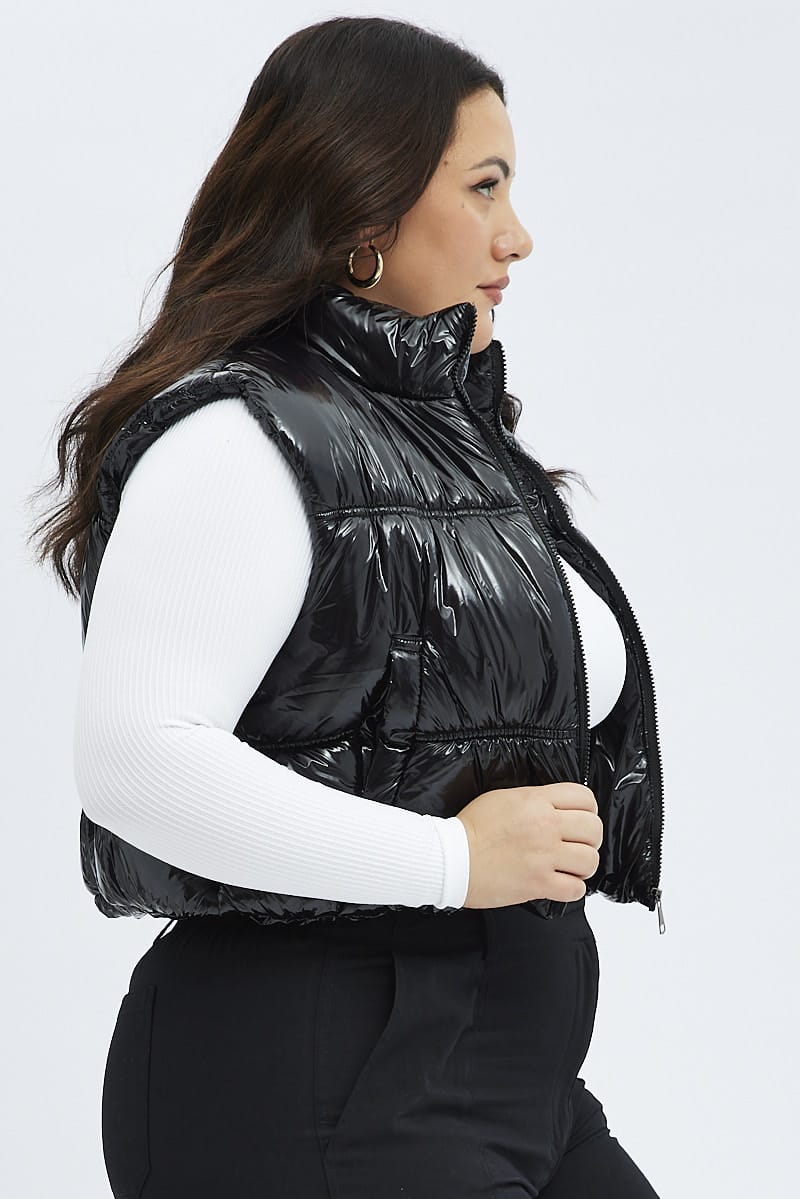 Black Puffer Vest Sleeveless Shiny Crop for YouandAll Fashion