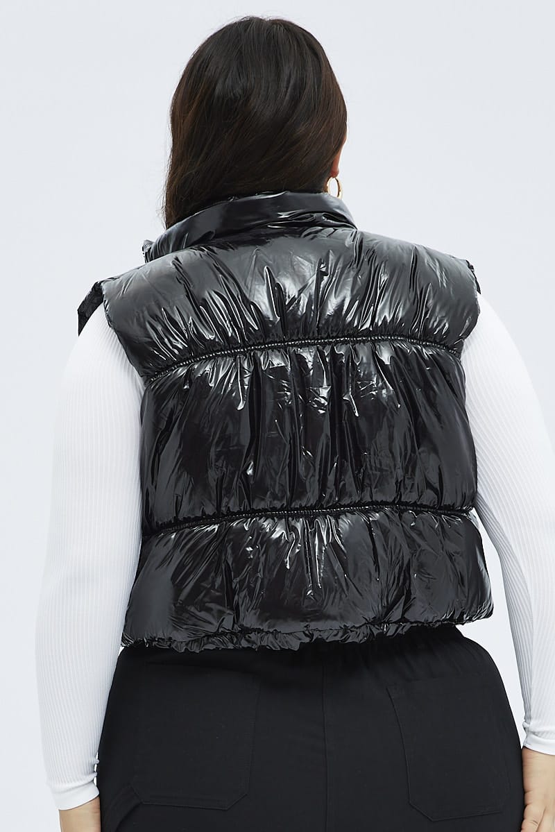 Black Puffer Vest Sleeveless Shiny Crop for YouandAll Fashion