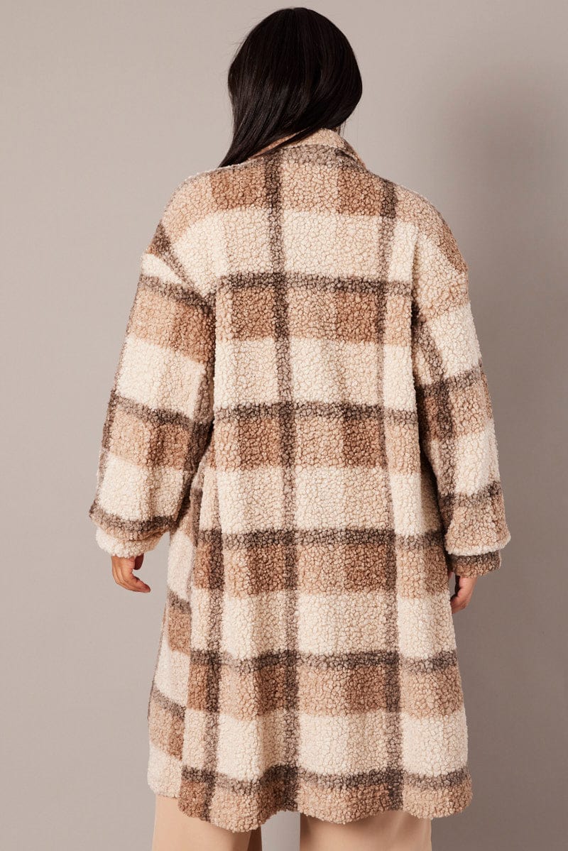 Brown Check Longline Boucle Teddy Coat for YouandAll Fashion