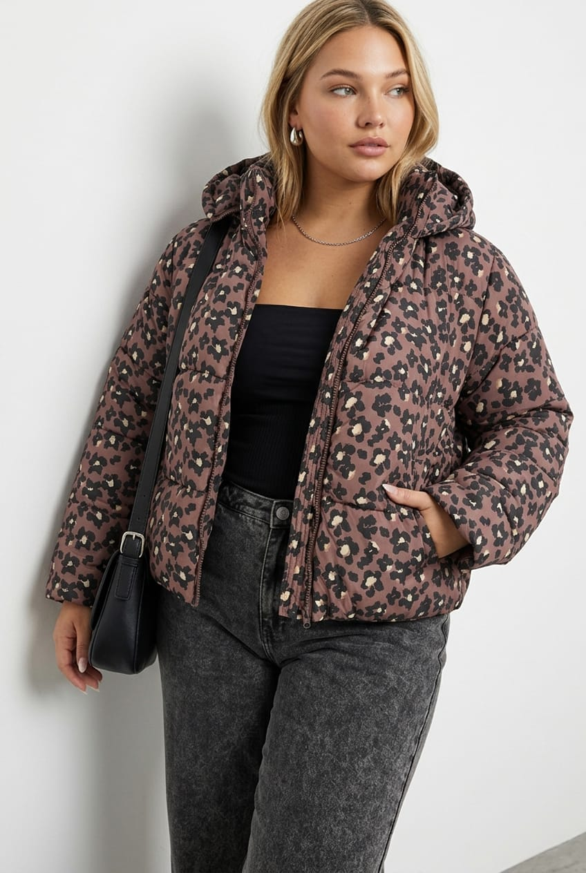 Brown Animal Print Puffer Jacket Long Sleeve Leopard for YouandAll Fashion