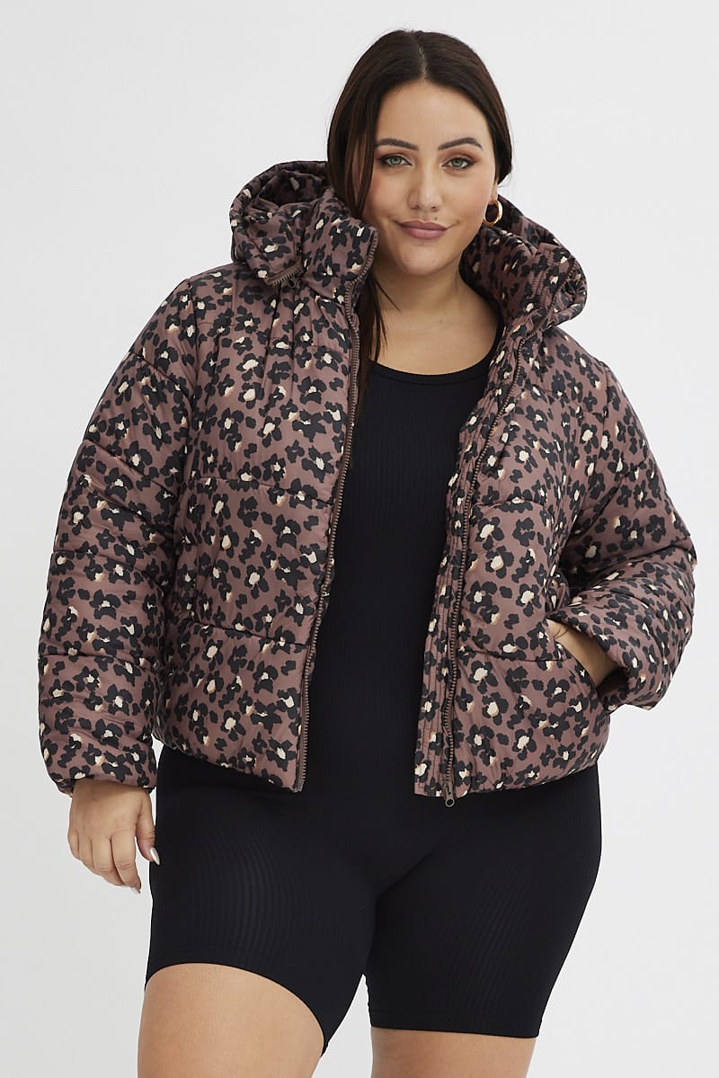Brown Animal Print Puffer Jacket Long Sleeve Leopard for YouandAll Fashion