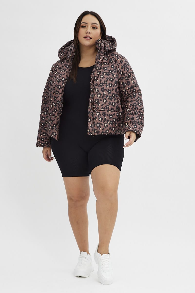 Brown Animal Print Puffer Jacket Long Sleeve Leopard for YouandAll Fashion