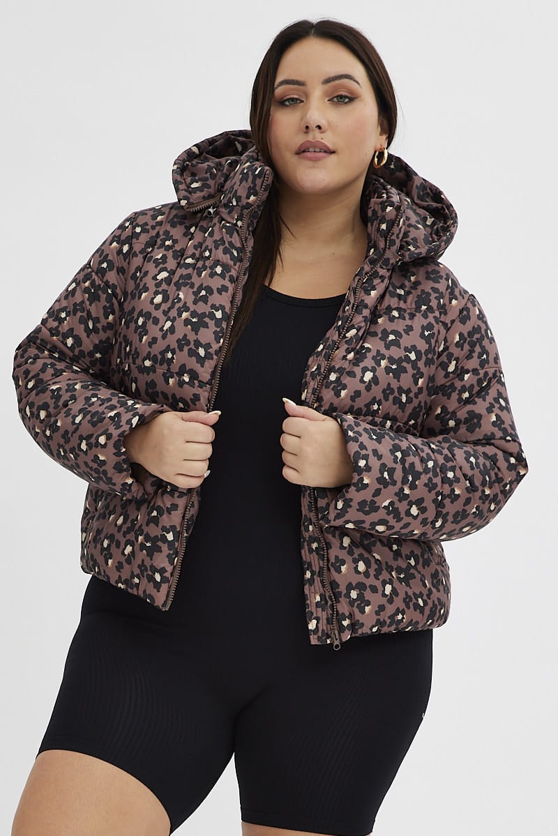 Brown Animal Print Puffer Jacket Long Sleeve Leopard for YouandAll Fashion