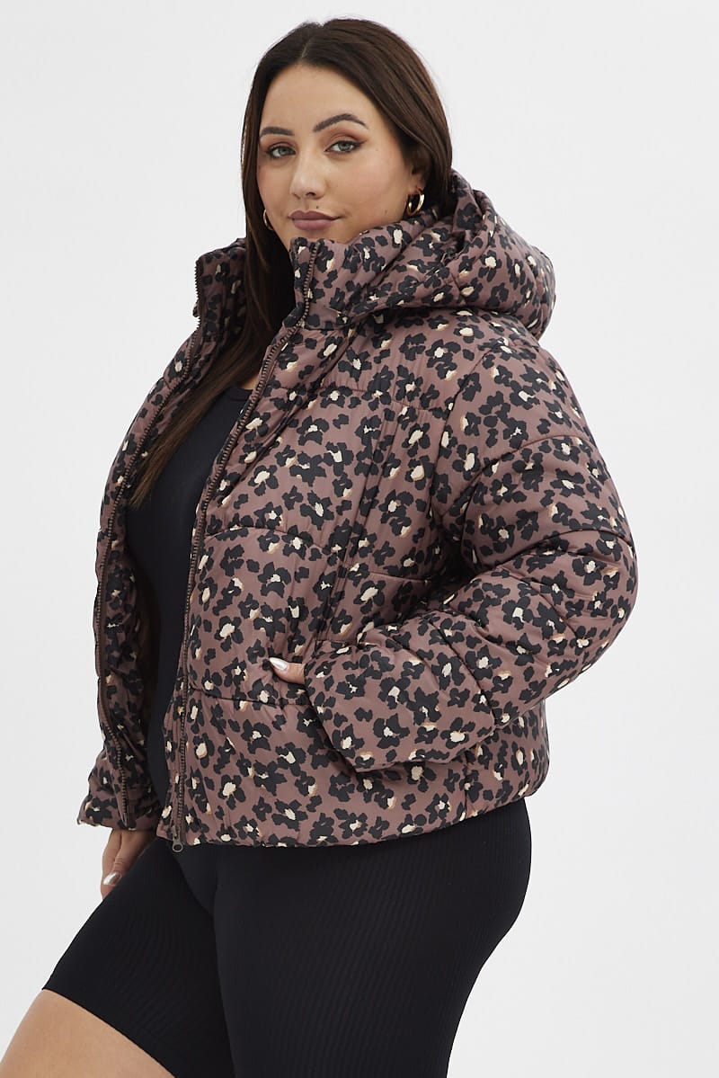 Brown Animal Print Puffer Jacket Long Sleeve Leopard for YouandAll Fashion