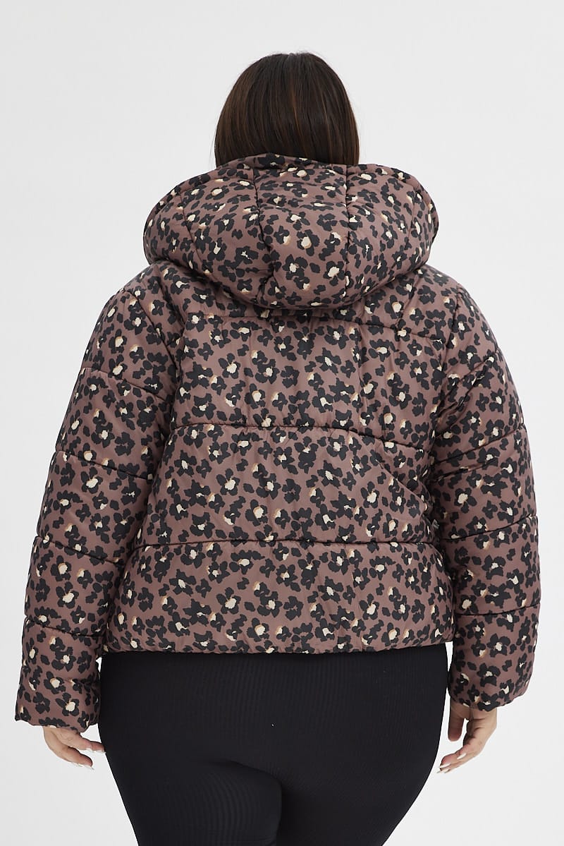 Brown Animal Print Puffer Jacket Long Sleeve Leopard for YouandAll Fashion