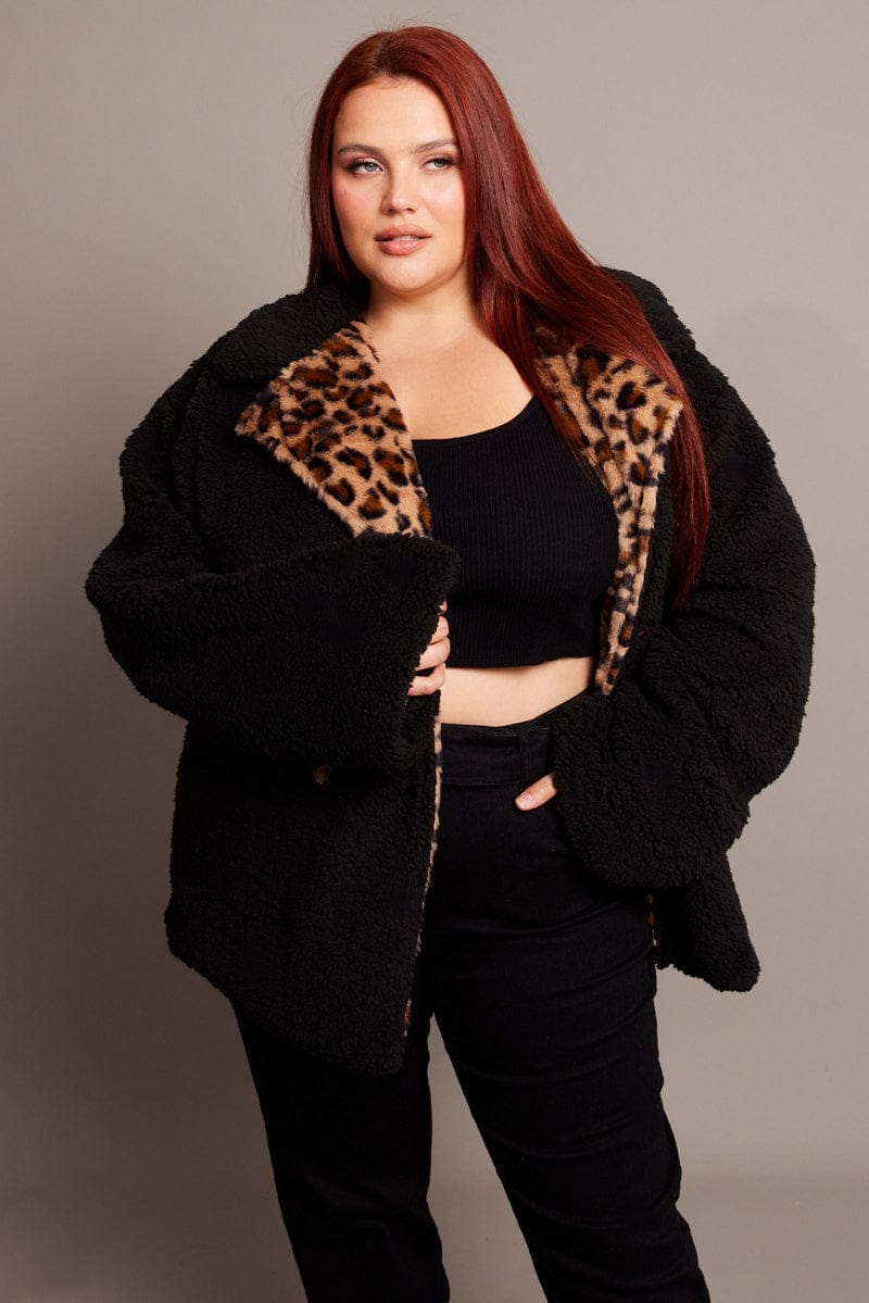 Black Teddy Jacket Long Sleeve Leopard Trim for YouandAll Fashion