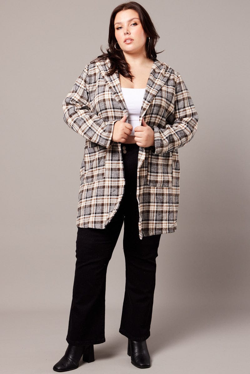 Brown Check Plaid Shacket Jacket With Hood for YouandAll Fashion