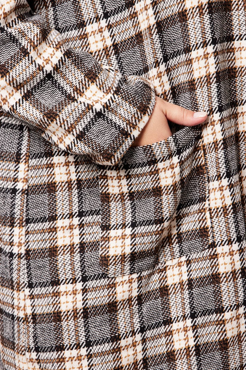 Brown Check Plaid Shacket Jacket With Hood for YouandAll Fashion