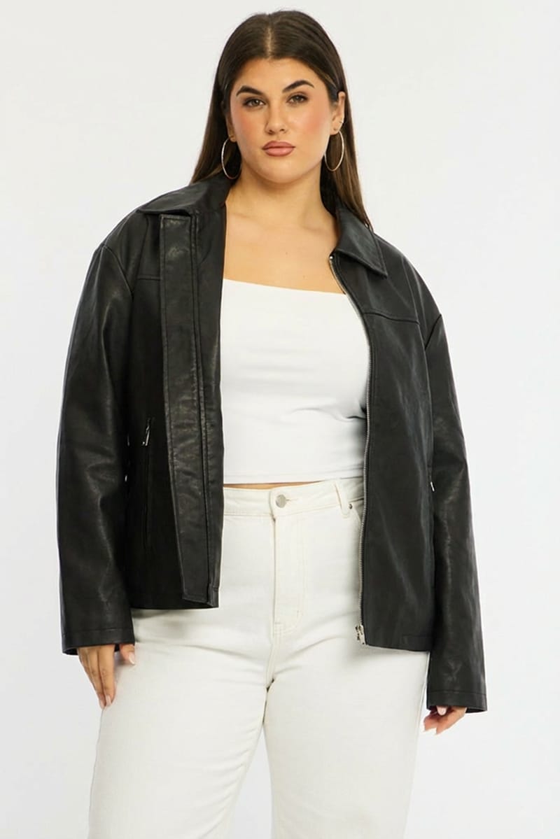 Black Faux Leather Jacket Long Sleeve for YouandAll Fashion