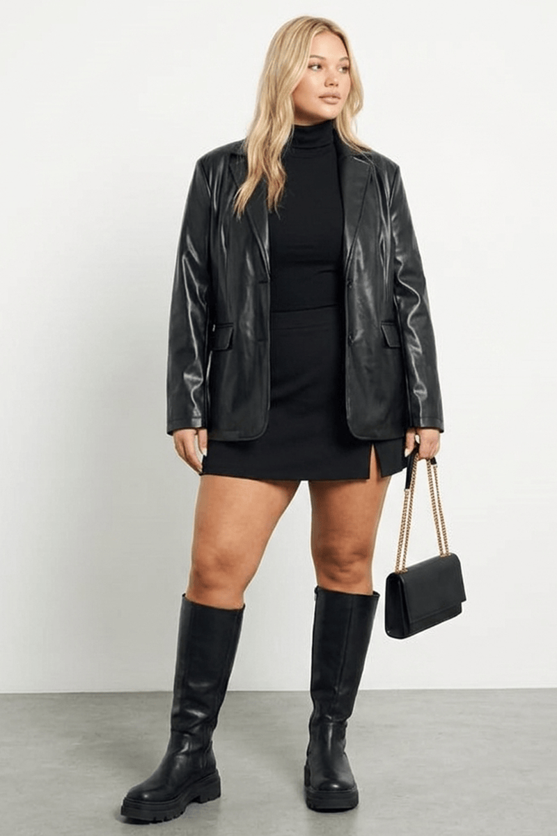 Black Faux Leather Blazer Long Sleeve for YouandAll Fashion