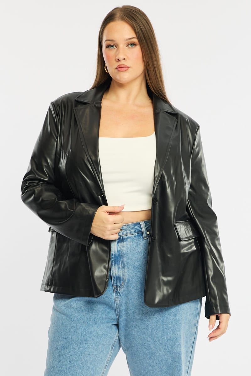 Black Faux Leather Blazer Long Sleeve for YouandAll Fashion