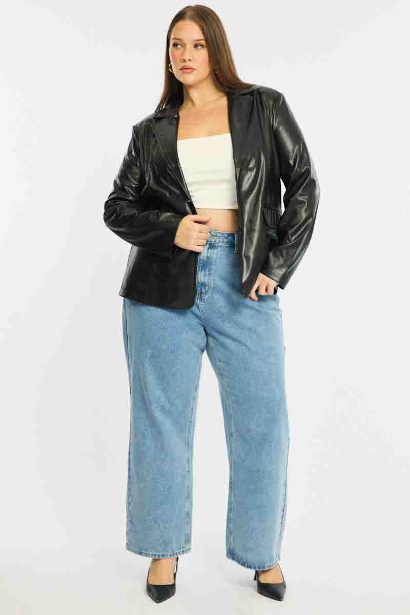 Black Faux Leather Blazer Long Sleeve for YouandAll Fashion