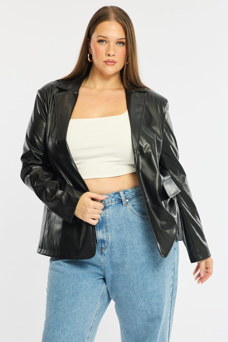 Black Faux Leather Blazer Long Sleeve for YouandAll Fashion