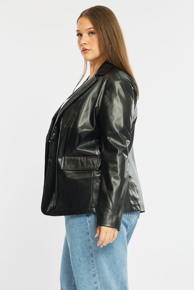 Black Faux Leather Blazer Long Sleeve for YouandAll Fashion