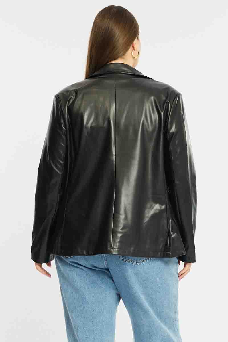Black Faux Leather Blazer Long Sleeve for YouandAll Fashion