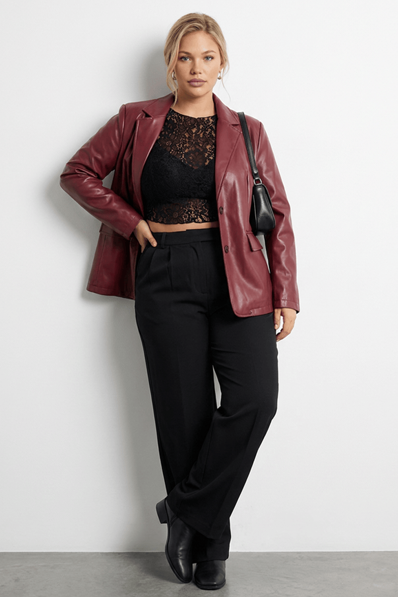 Red Faux Leather Blazer Long Sleeve for YouandAll Fashion