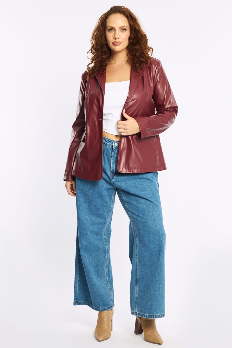 Red Faux Leather Blazer Long Sleeve for YouandAll Fashion