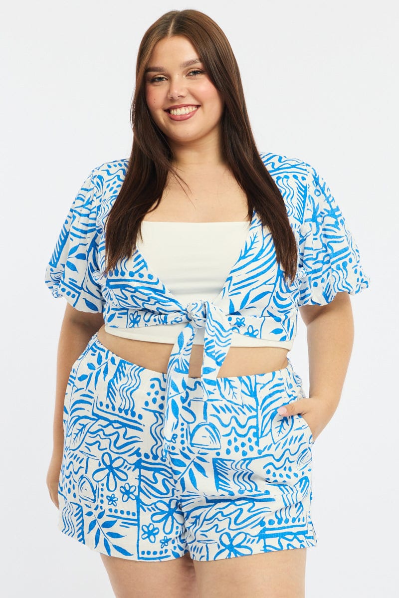 Blue Abstract Tie Up Bolero Short Sleeve for YouandAll Fashion