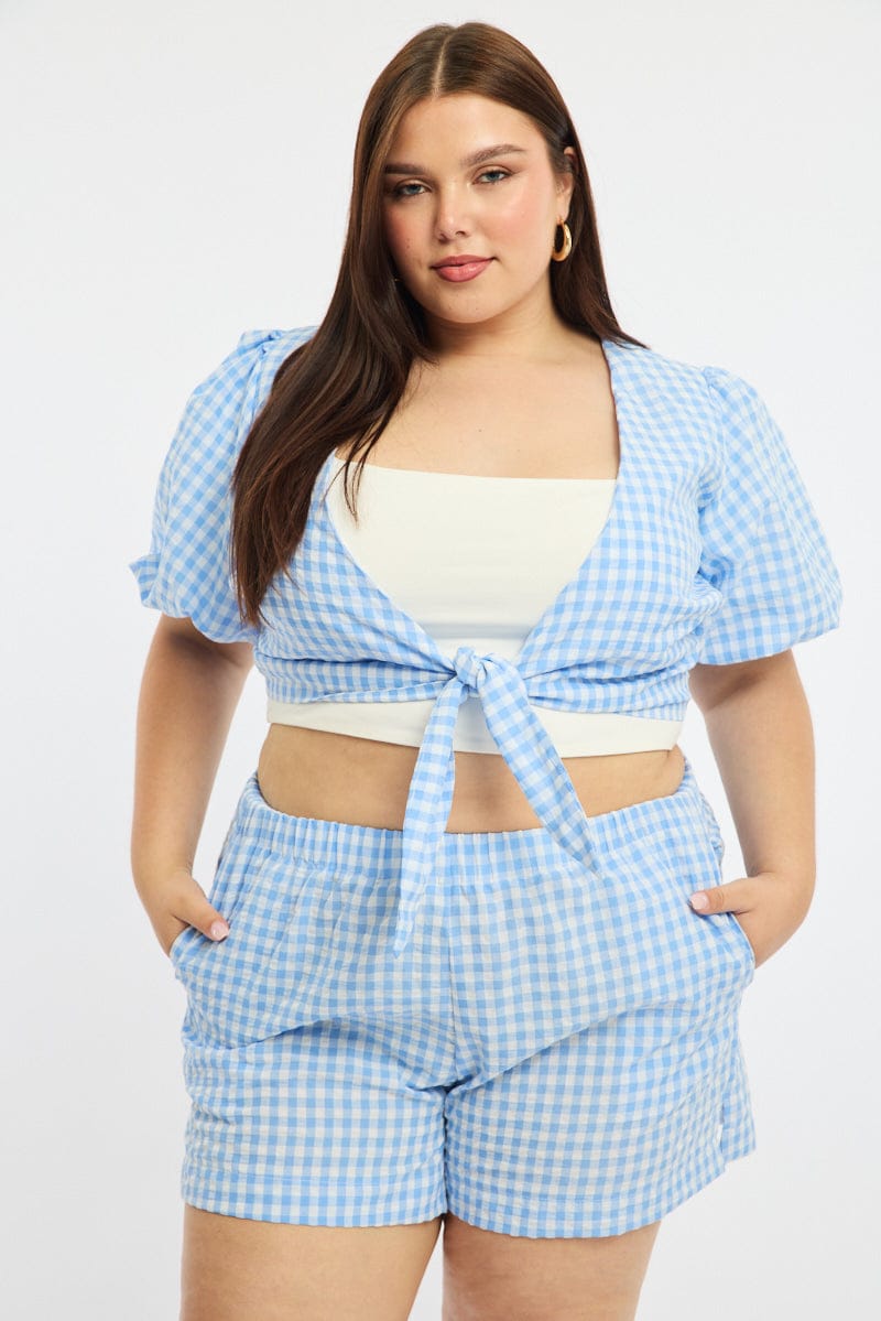 Blue Check Tie Up Bolero Short Sleeve for YouandAll Fashion