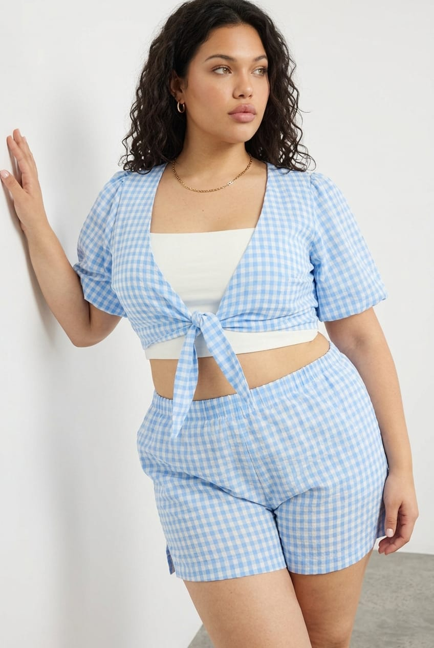 Blue Check Tie Up Bolero Short Sleeve for YouandAll Fashion