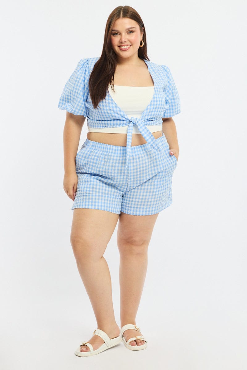 Blue Check Tie Up Bolero Short Sleeve for YouandAll Fashion