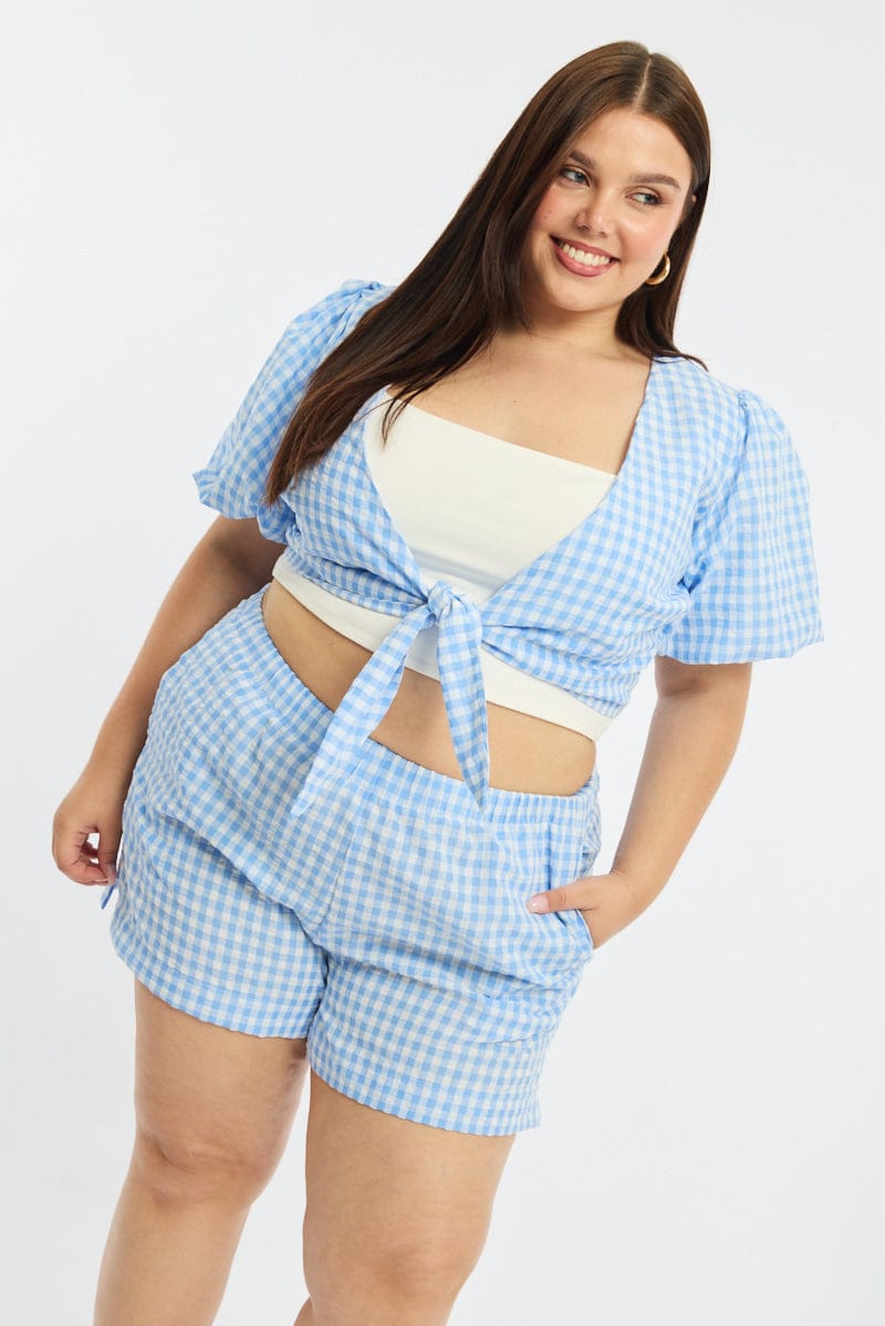 Blue Check Tie Up Bolero Short Sleeve for YouandAll Fashion
