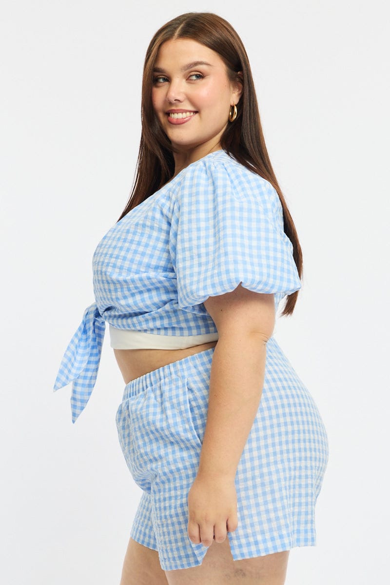 Blue Check Tie Up Bolero Short Sleeve for YouandAll Fashion