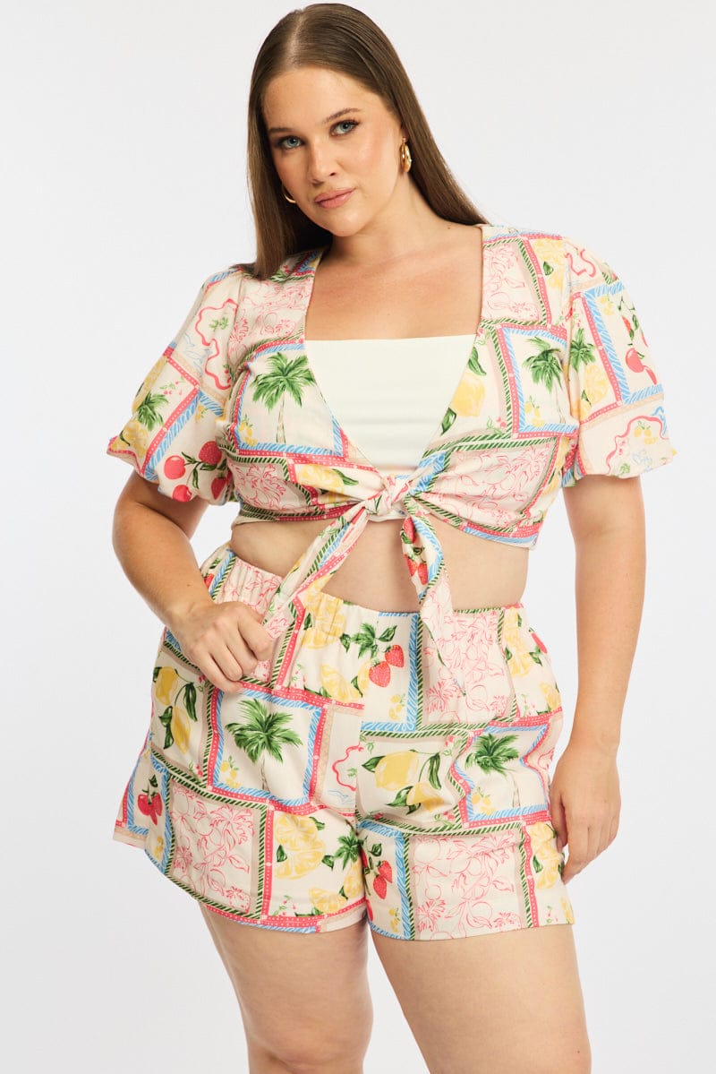 Multi Abstract Tie Up Bolero Short Sleeve for YouandAll Fashion