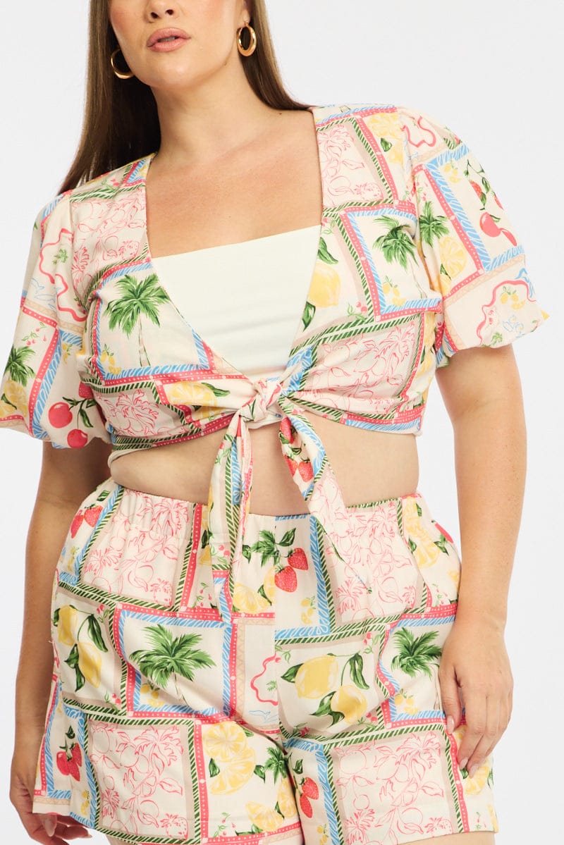 Multi Abstract Tie Up Bolero Short Sleeve for YouandAll Fashion