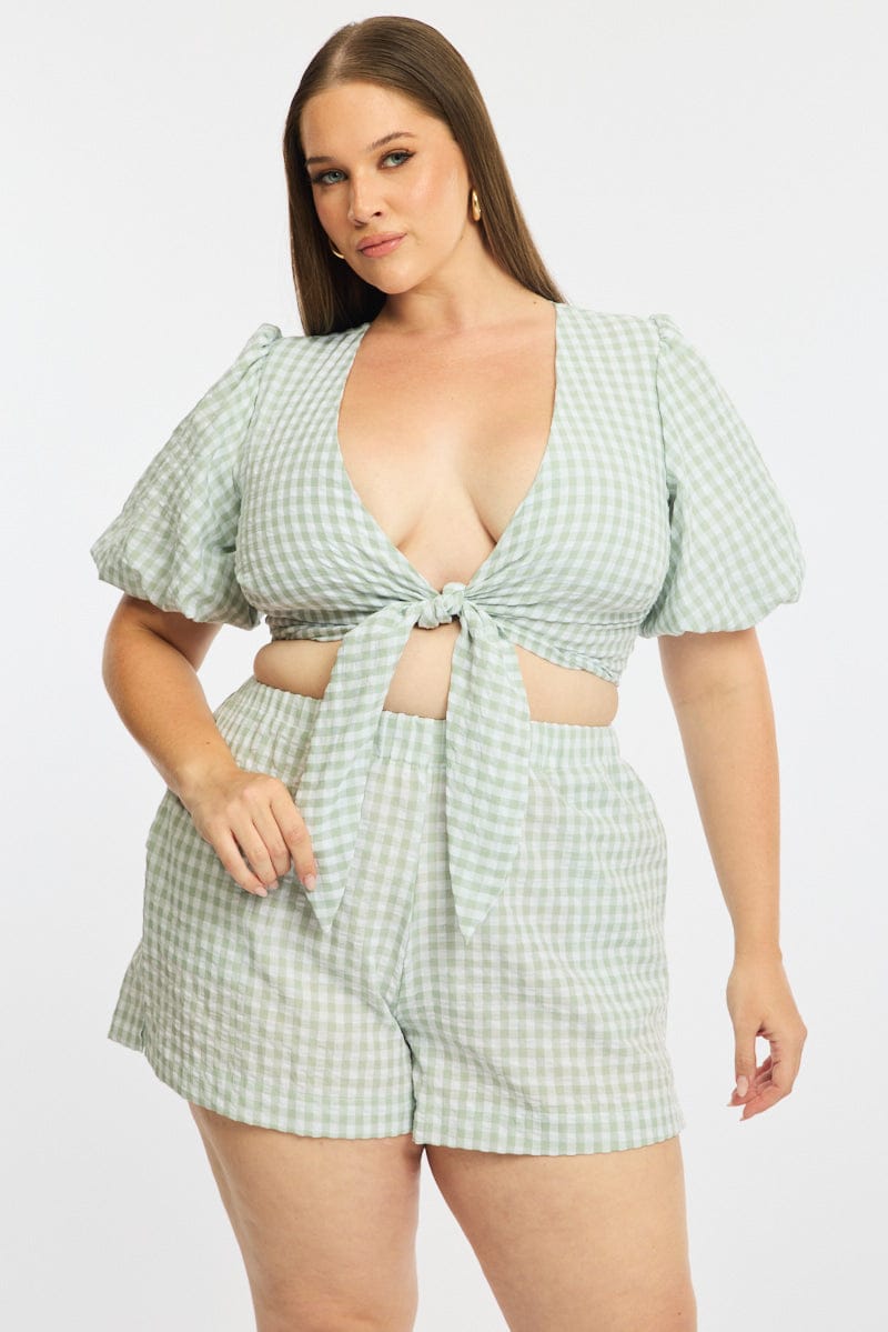 Green Check Tie Up Bolero Short Sleeve for YouandAll Fashion