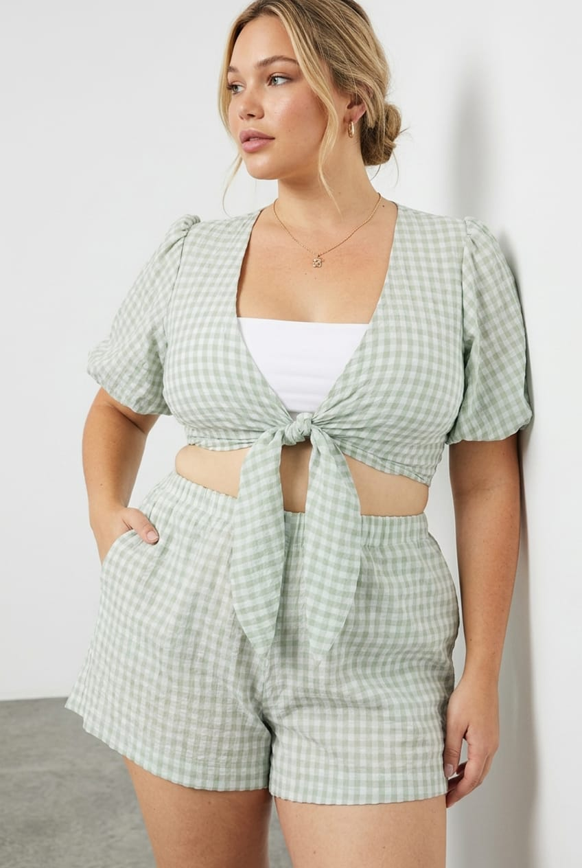 Green Check Tie Up Bolero Short Sleeve for YouandAll Fashion