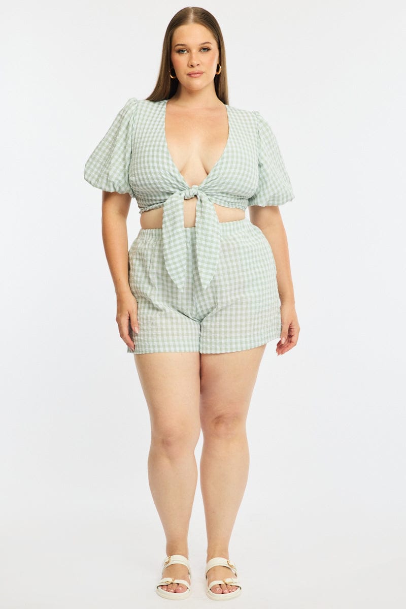Green Check Tie Up Bolero Short Sleeve for YouandAll Fashion
