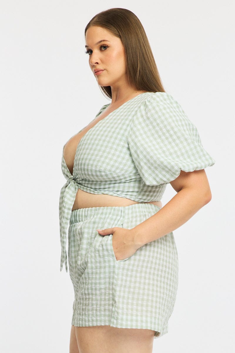 Green Check Tie Up Bolero Short Sleeve for YouandAll Fashion