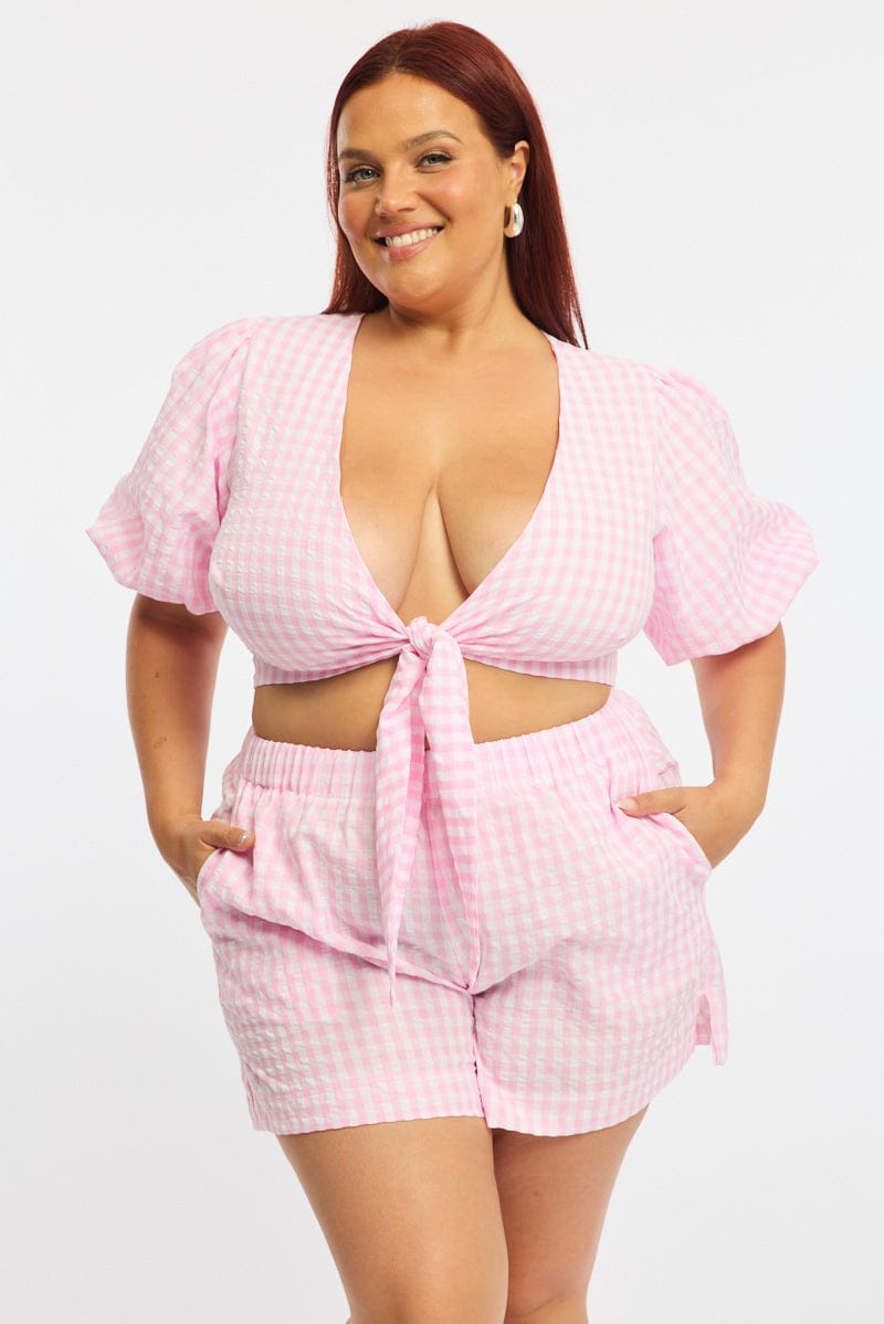 Pink Check Tie Up Bolero Short Sleeve for YouandAll Fashion
