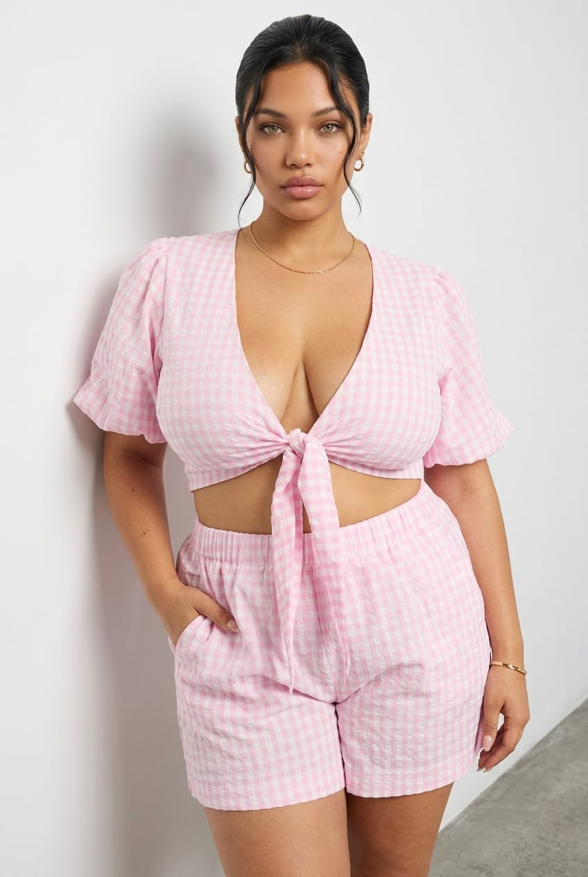 Pink Check Tie Up Bolero Short Sleeve for YouandAll Fashion