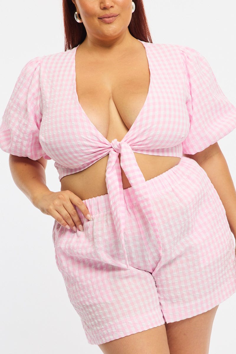 Pink Check Tie Up Bolero Short Sleeve for YouandAll Fashion