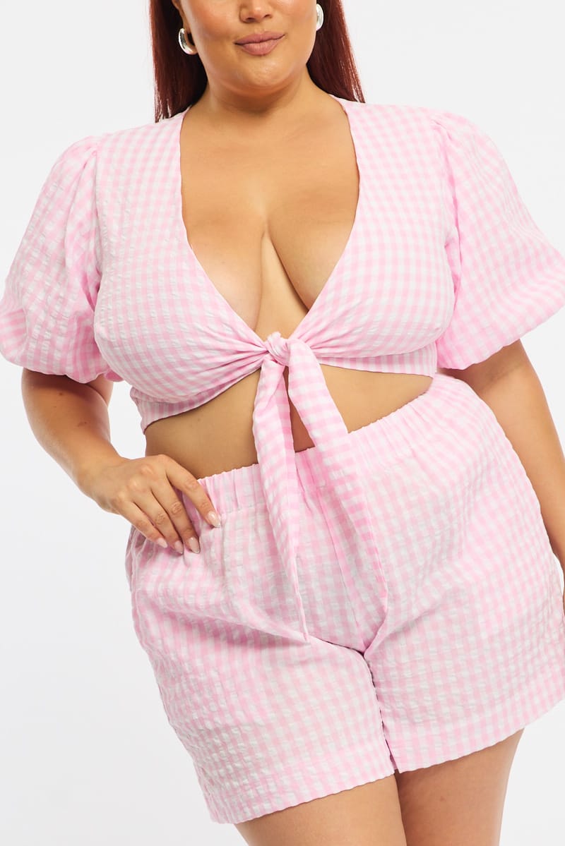 Pink Check Tie Up Bolero Short Sleeve for YouandAll Fashion
