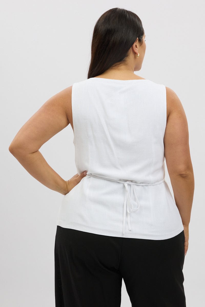 White Scoop Neck Linen Blend Tie Back Vest for YouandAll Fashion